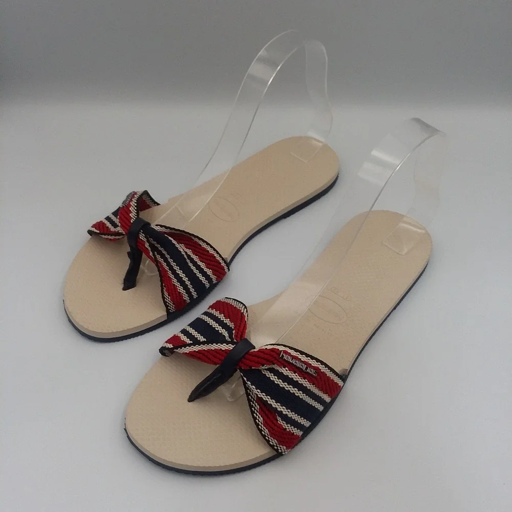 Havaianas Bow Flip Flops Thong‎ Sandals Striped Red Blue Beige Women's US11 EU43